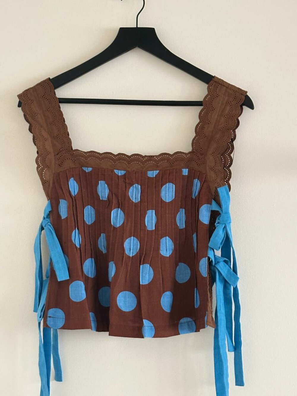 NWT Bailey Rose Brown & Light Blue Polka Dot Side-Tie Top - Size S